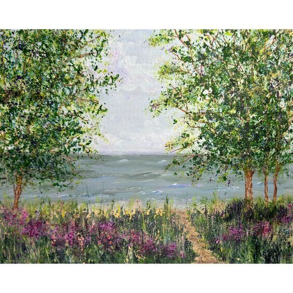 Original 8"x10" Acrylic Coastal Landscape Painting "Trees By The Sea" - Picture 6 of 7